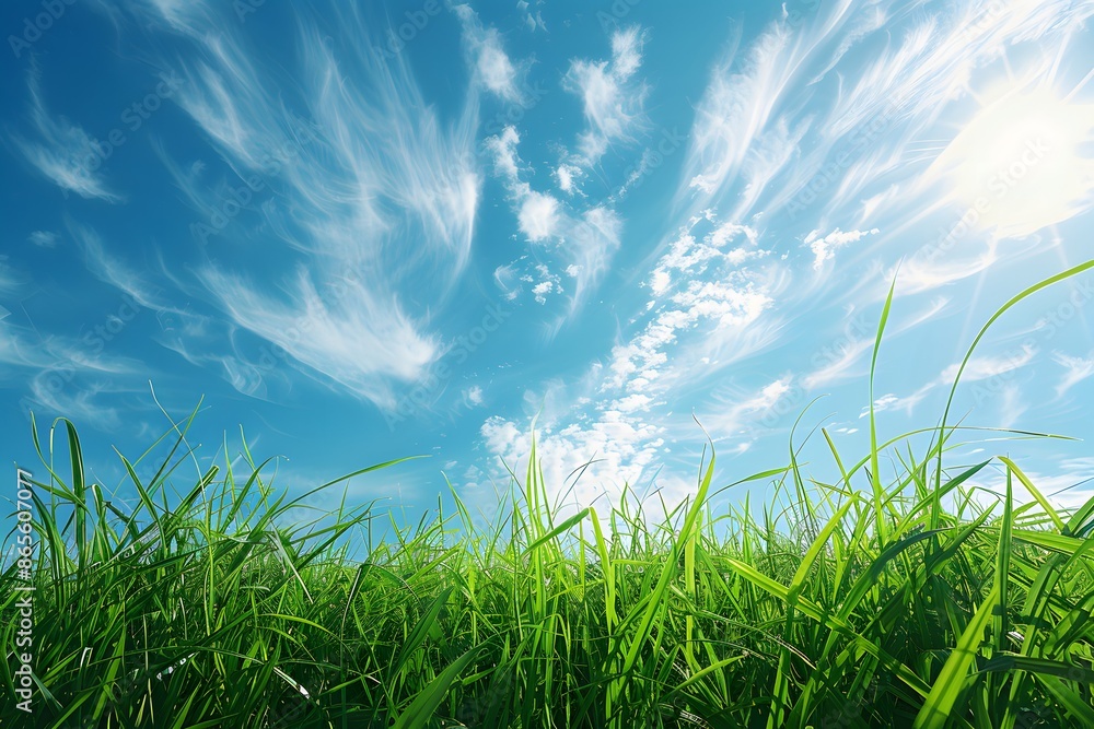 Fototapeta premium Lush Green Grass Under a Clear Blue Sky with Whimsical Clouds