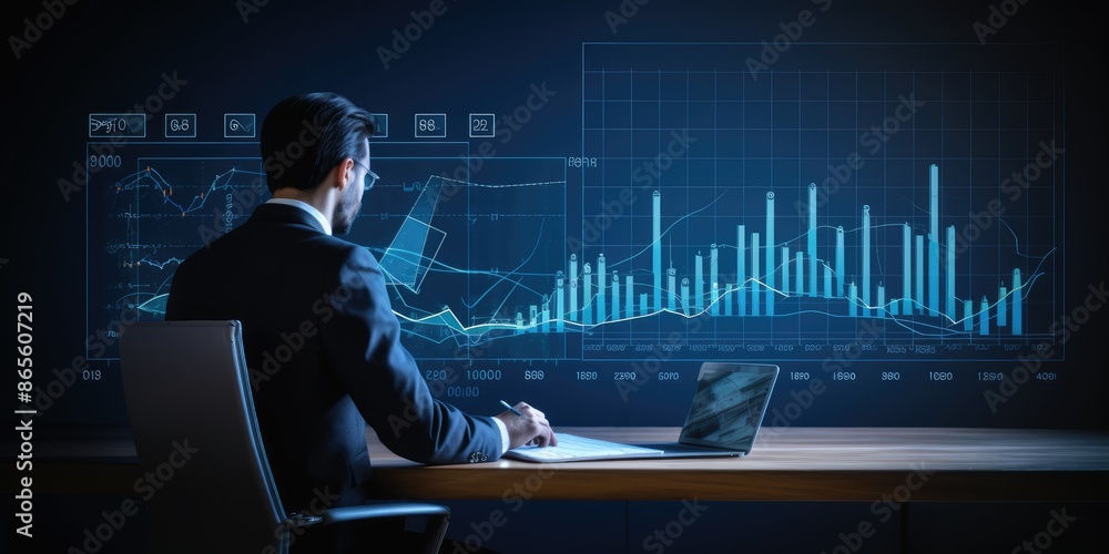 Businessman draw growth graph and progress of business and analyzing financial and investment data, development of success, planning and strategy on a blue background Businessman draw growth graph and progress of business and analyzing financial and investment data, development of success, planning and strategy on a blue background