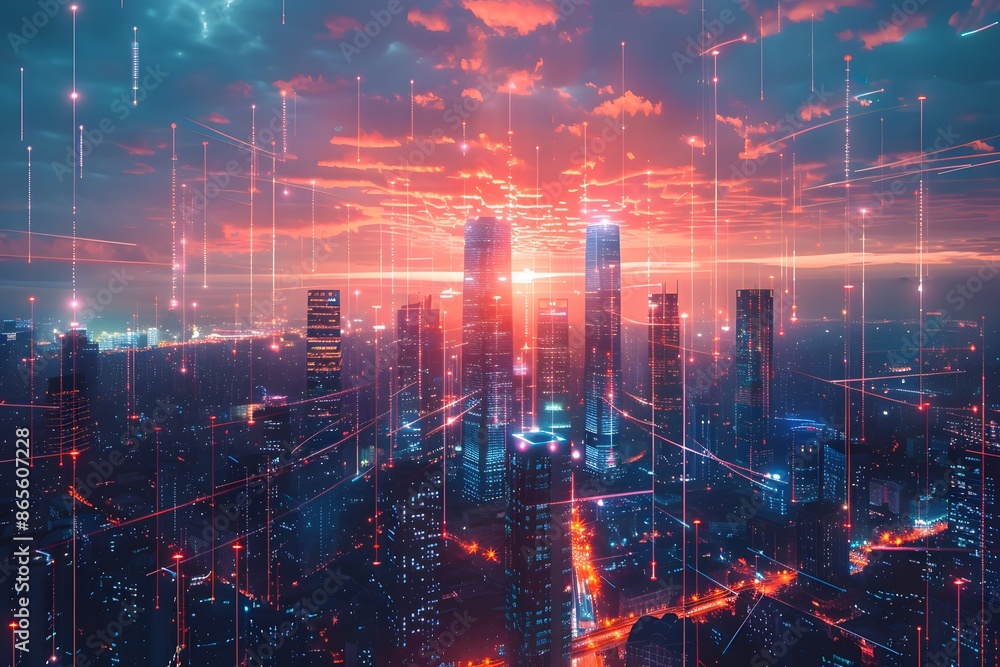 Naklejka premium Futuristic Cityscape with Digital Network Overlay at Sunset