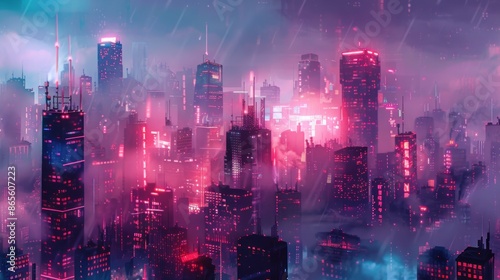 A futuristic cityscape with neon lights and a purple sky is vibrant and energetic scene