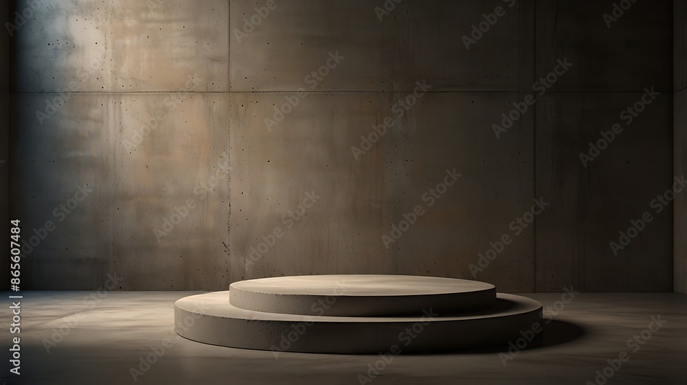 A minimalist setting with two circular concrete platforms in a room bathed in soft natural light, evoking a sense of simplicity and calm A minimalist setting with two circular concrete platforms in a room bathed in soft natural light, evoking a sense of simplicity and calm