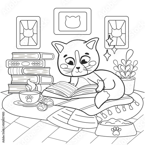 Coloring page for kids with kawaii cat character reading book, educational concept