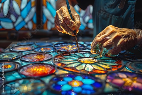 Artisan Crafting Intricate Stained Glass Artwork photo