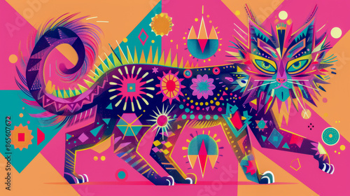 abstract cubist style, Cute whimsical graphical colorful cat with geometric hair, intricate patterns, 