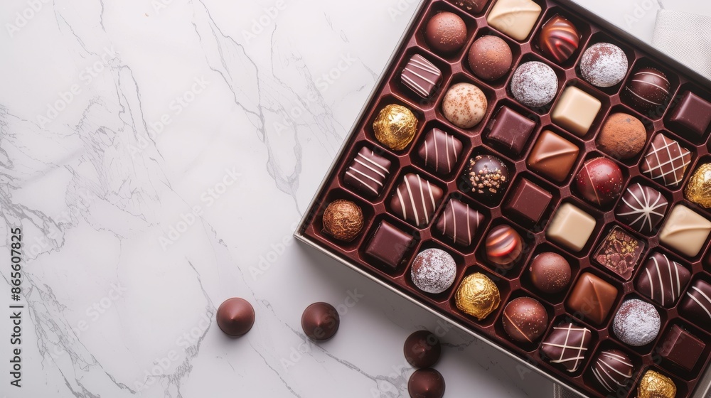 Box of chocolates on white marble background for Valentine's Day. Card for February 14 with chocolate and space for text.