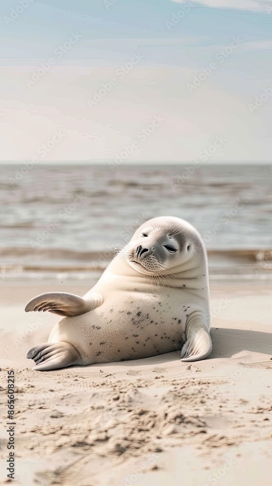 Obraz premium A close-up image of a harbor seal pup lying on its belly on a sandy beach. The pups eyes are closed, and it appears to be resting