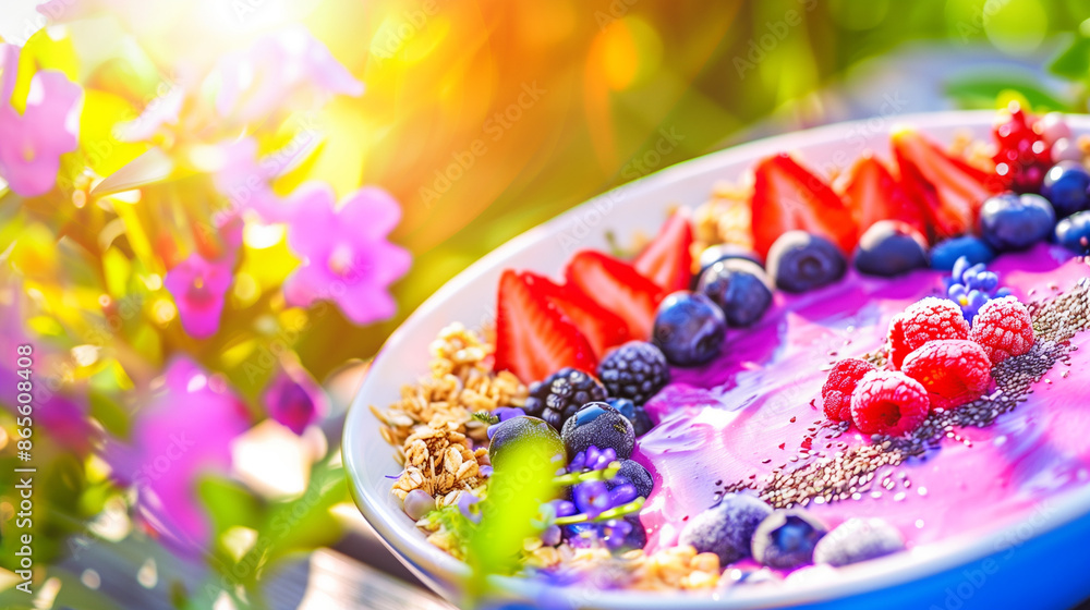 Vibrant and Healthy Acai Bowl Topped with Fresh Berries, Granola, and Chia Seeds in a Sunlit Garden Setting Vibrant and Healthy Acai Bowl Topped with Fresh Berries, Granola, and Chia Seeds in a Sunlit Garden Setting