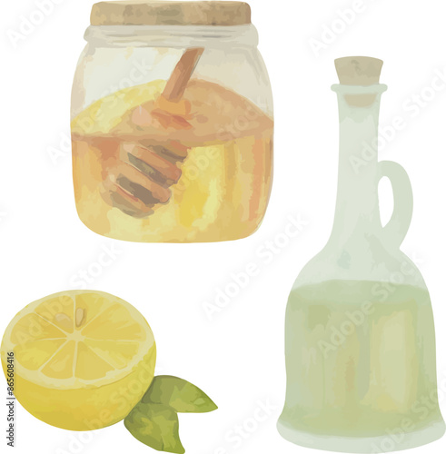 Vector Watercolor kitchen clipart, honey, lemon, oliv oil, jar, bottle, illustrations for creative cooking, invitation, greeting cards, birthday, event, holiday, menu; cooking class; Master Class