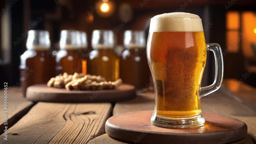 Glass of beer on a wooden bar table with bar background. Glass of beer on a wooden bar table with bar background.