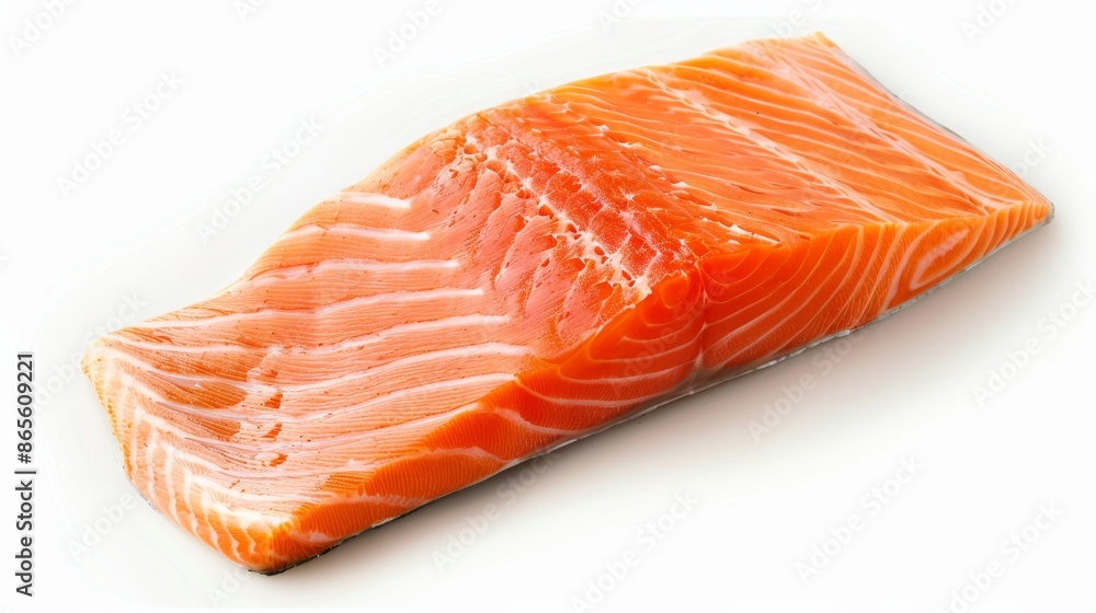 Fresh raw salmon fillet on a white background. Seafood and healthy eating concept Fresh raw salmon fillet on a white background. Seafood and healthy eating concept
