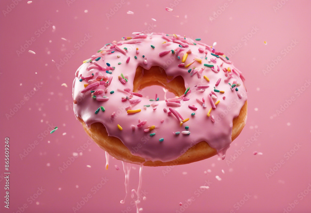 Donut glazed with pink icing and sprinkles floating in air on a ...