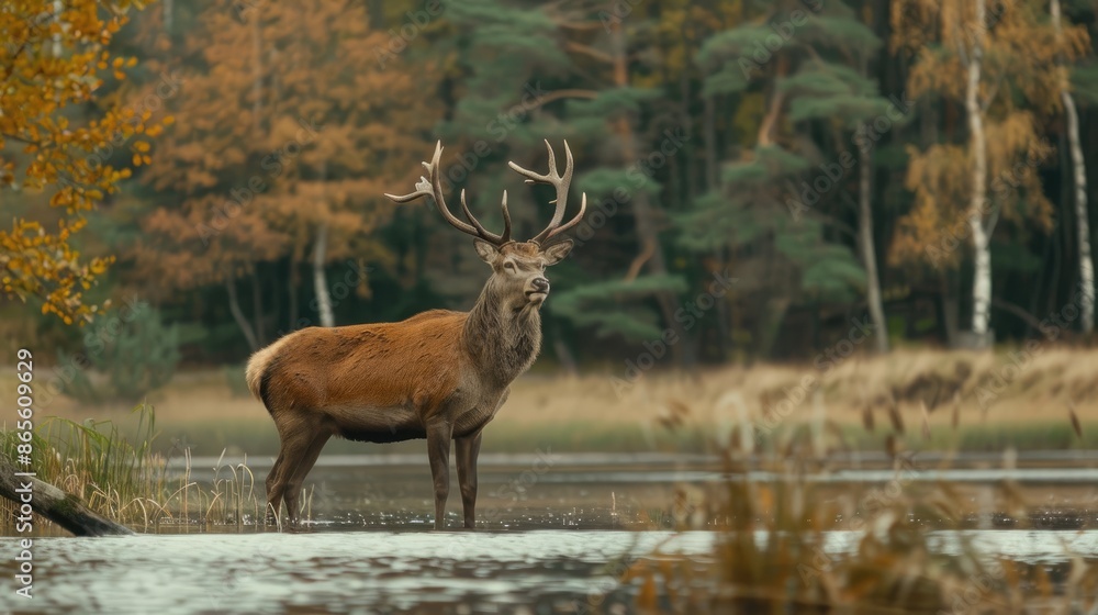 A red deer buck stands on a grassy bank by a lake in a forest. The deer has large antlers and is looking up. The trees in the background are turning autumn colors A red deer buck stands on a grassy bank by a lake in a forest. The deer has large antlers and is looking up. The trees in the background are turning autumn colors