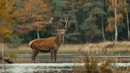 A red deer buck stands on a grassy bank by a lake in a forest. The deer has large antlers and is looking up. The trees in the background are turning autumn colors © lililia