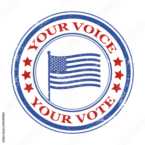 A grunge circle stamp with American flag and voting text
