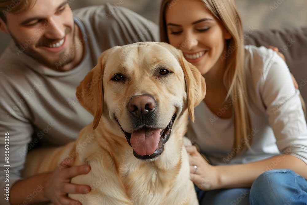 Happy Couple Enjoying Quality Time with Their Labrador Retriever Happy Couple Enjoying Quality Time with Their Labrador Retriever