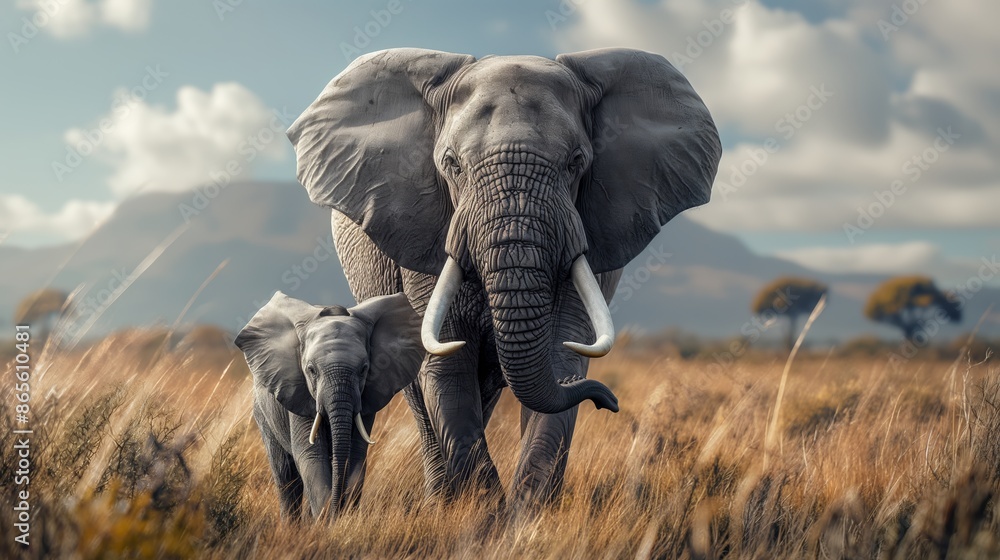 Naklejka premium A mother elephant and her baby roam through the golden grasslands under a cloudy sky, with mountains in the background.