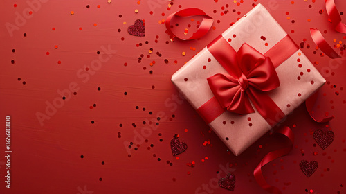 valentine's day gift with pink bow on red glitter background © overrust