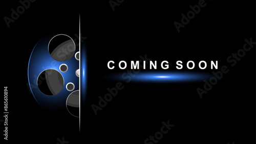 coming soon on dark background with glowing lights. film stripe reel design element for backdrop, brochure, leaflet, publication. cinema poster template.