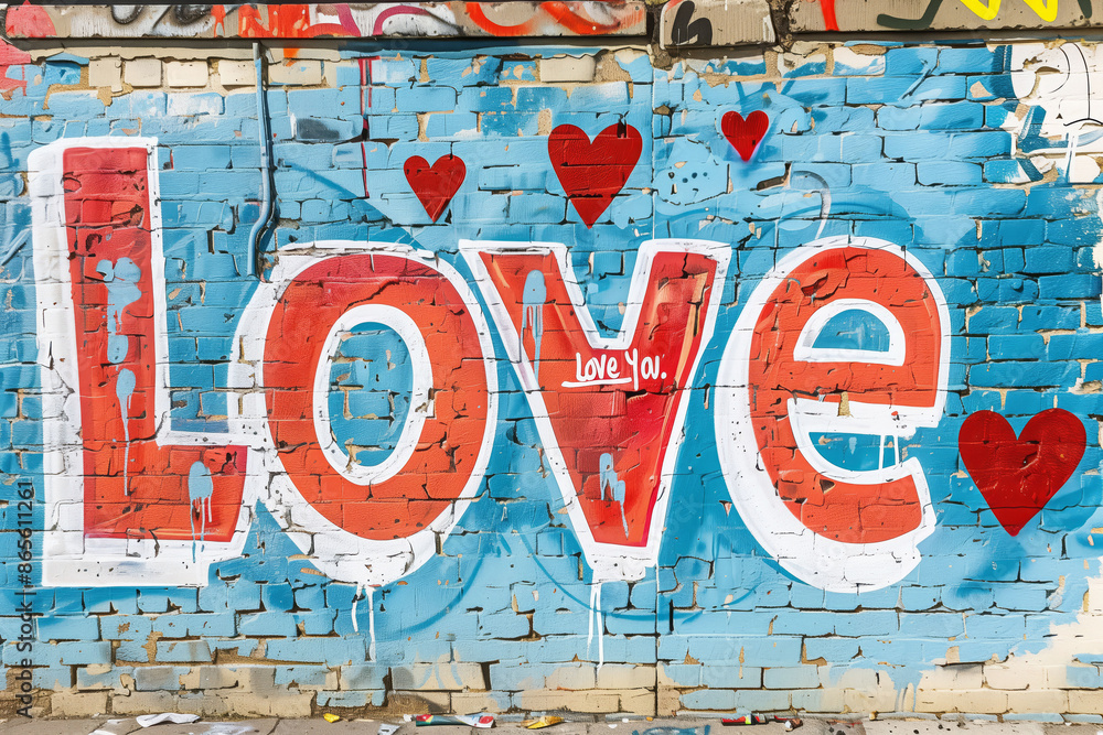 Obraz premium Love graffiti art on urban brick wall, vibrant street mural, romantic expression concept