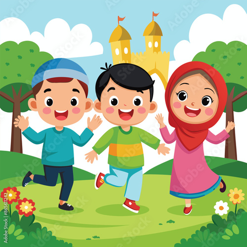 Happy Muslim Kids playing in the park vector