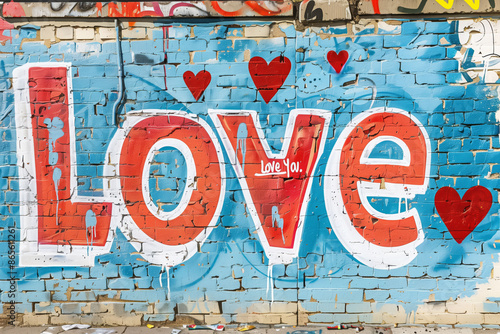 Love graffiti art on urban brick wall, vibrant street mural, romantic expression concept © HelgaQ