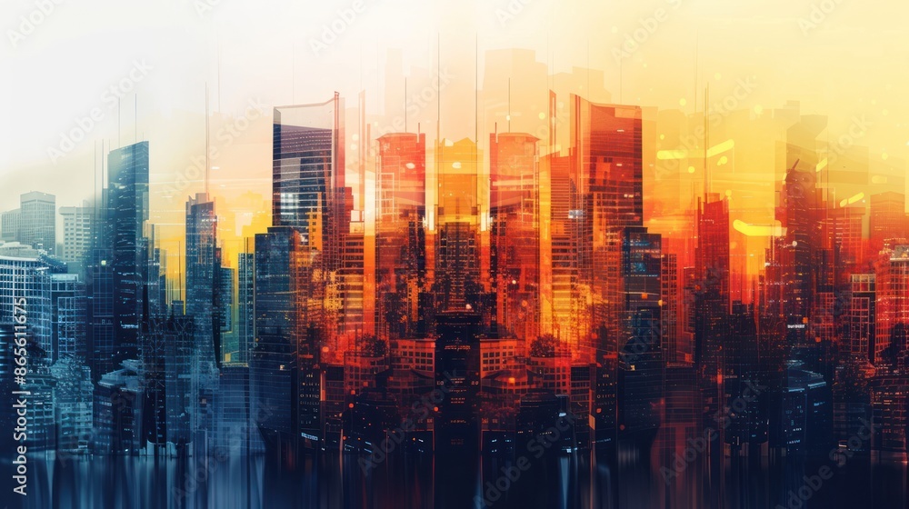Abstract colorful city skyline is reflected in the water creating a vibrant atmosphere Abstract colorful city skyline is reflected in the water creating a vibrant atmosphere