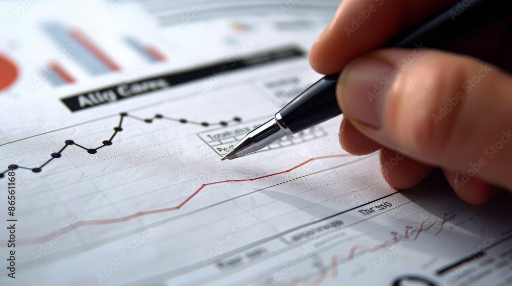 Close-up of hand analyzing financial data on a paper with graphs. Business analysis and data review concept. Ideal for business presentations and financial reports Close-up of hand analyzing financial data on a paper with graphs. Business analysis and data review concept. Ideal for business presentations and financial reports