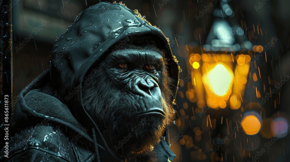 Gorilla in a hooded jacket under rain with streetlamp background, cinematic scene, urban wildlife concept Gorilla in a hooded jacket under rain with streetlamp background, cinematic scene, urban wildlife concept