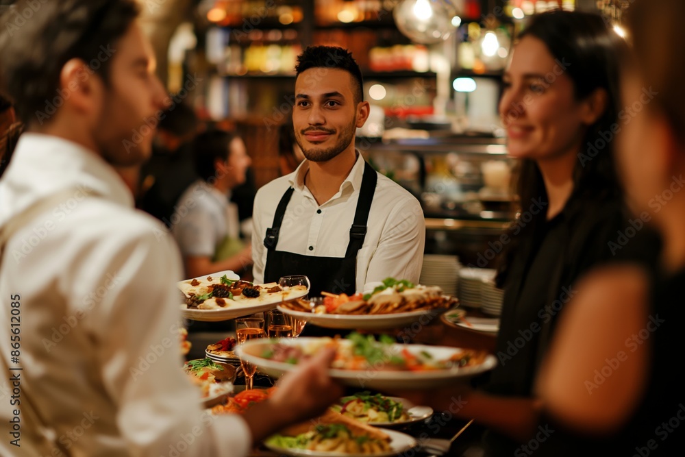 Friendly waiter interacts with guests inside a cozy restaurant, serving delicious food and creating joy. Friendly waiter interacts with guests inside a cozy restaurant, serving delicious food and creating joy.
