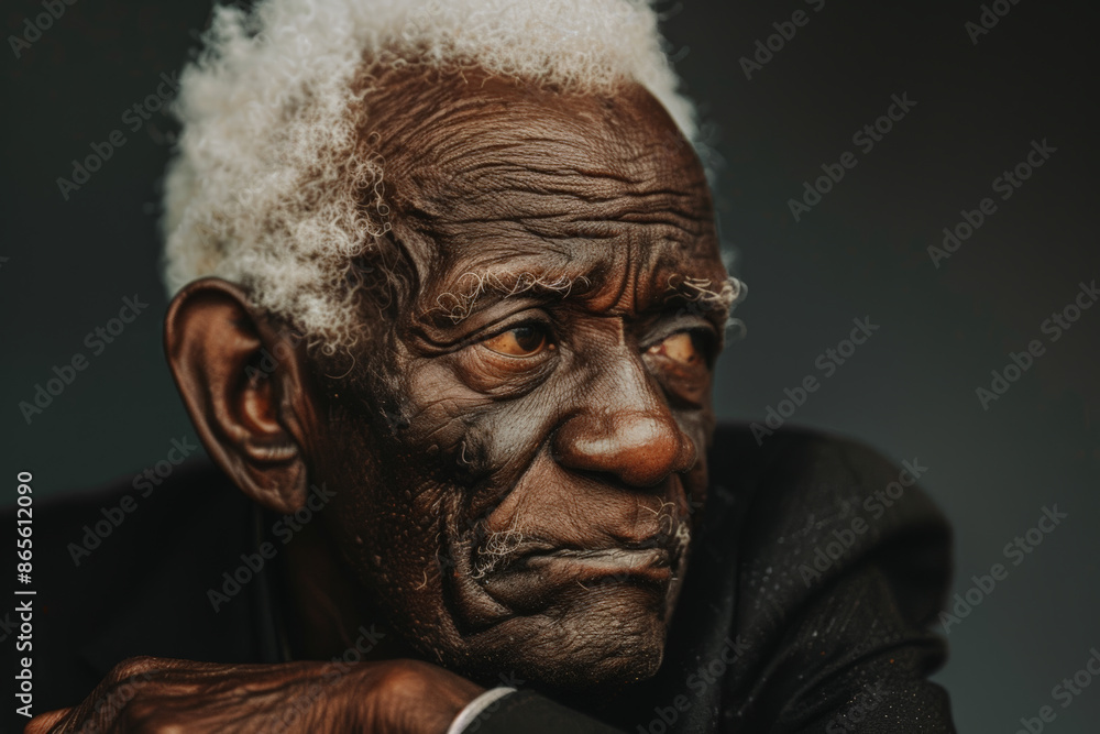 Close-up portrait of a senior man of African descent, studio photo, against a sleek gray studio backdrop Close-up portrait of a senior man of African descent, studio photo, against a sleek gray studio backdrop