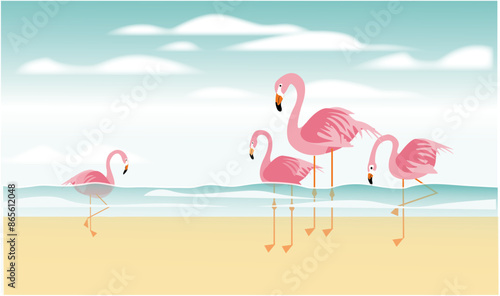 flamant rose dans la mer eau transparente ciel bleu nuage vecteur