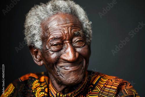Close-up portrait of a senior man of African descent, studio photo, against a sleek gray studio backdrop © La Neve