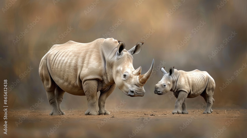Obraz premium A mother white rhinoceros and her calf stand together in a South African savanna, with rocky hills in the background
