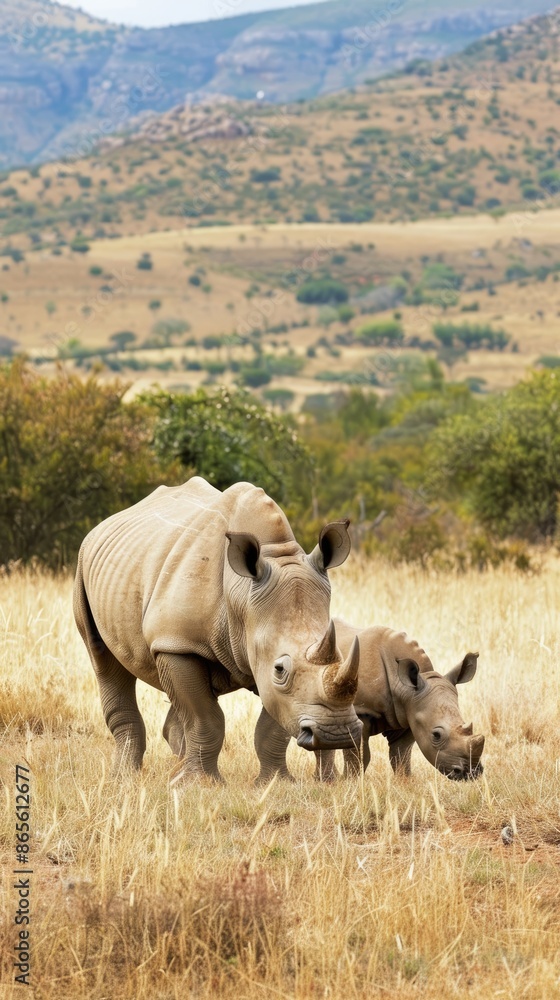 A mother white rhinoceros and her calf stand together in a South African savanna, with rocky hills in the background