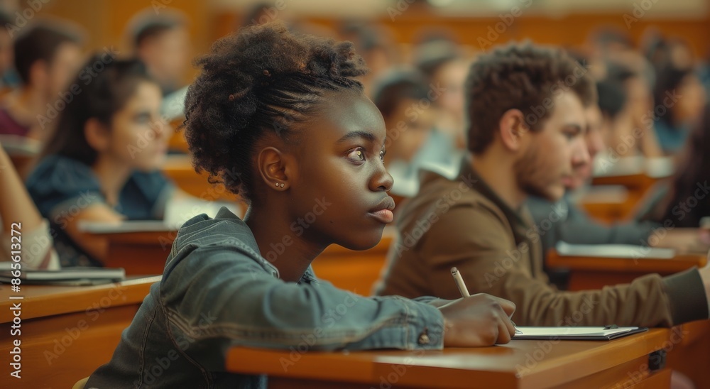 Obraz premium Focused female student in lecture hall paying attention to professor during class