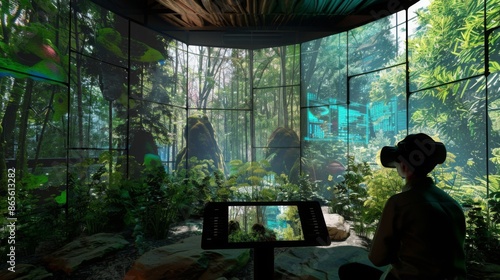 A person wearing a virtual reality headset looks out at a digital forest projected onto large screens surrounding them, creating an immersive experience. © Prostock-studio