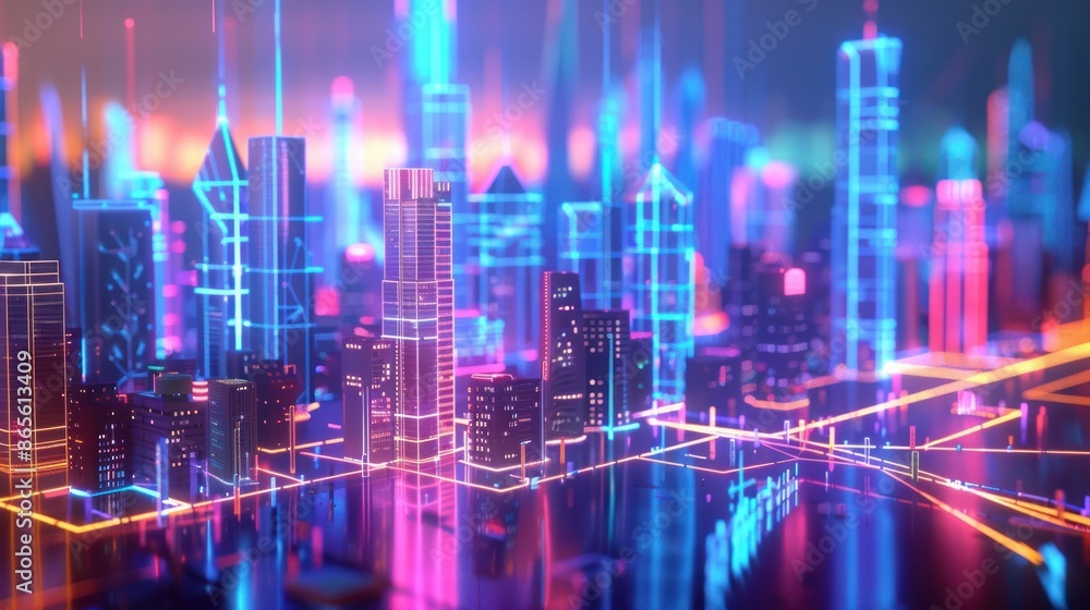 A futuristic smart cityscape with neon lights and buildings A futuristic smart cityscape with neon lights and buildings