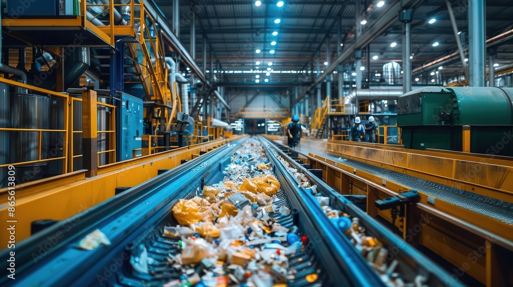 A bustling recycling center with advanced sorting machines and dedicated workers A bustling recycling center with advanced sorting machines and dedicated workers