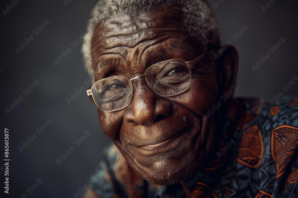 Close-up portrait of a senior man of African descent, studio photo, against a sleek gray studio backdrop Close-up portrait of a senior man of African descent, studio photo, against a sleek gray studio backdrop