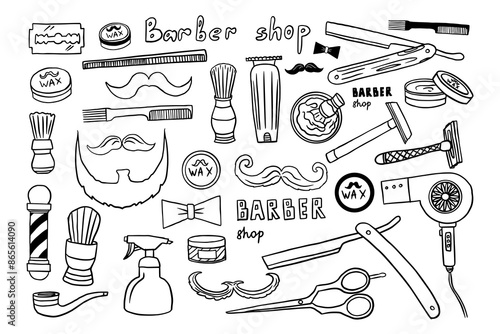 Big set of barbershop tools in doodle style. Wax, barber pole, azor, face razor, beard, bow-tie, mustache, scissors, hair dryer, razor blade, manual razor. Stylist. Hairdresser. Hand drawn