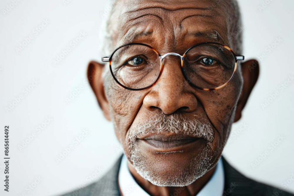 Close-up portrait of a senior man of African descent, studio photo, against a white studio backdrop Close-up portrait of a senior man of African descent, studio photo, against a white studio backdrop