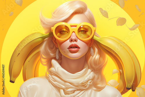 Beautiful girl in stylish sunglasses on yellowl background with banana fruits. Retro style