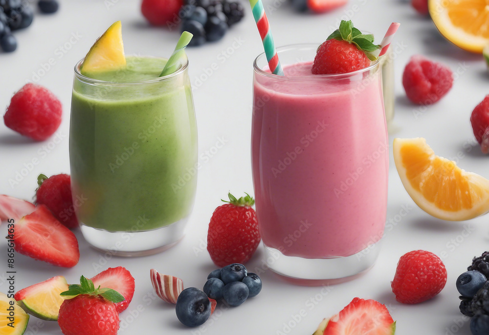 Set of classical fresh delicious smoothies decorated with fruits and berries isolated on transparent Set of classical fresh delicious smoothies decorated with fruits and berries isolated on transparent