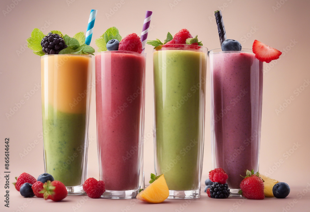 Set of classical fresh delicious smoothies decorated with fruits and berries isolated on transparent Set of classical fresh delicious smoothies decorated with fruits and berries isolated on transparent