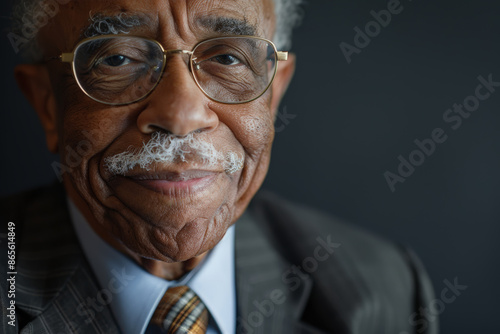 Close-up portrait of a senior man of African descent, studio photo, against a sleek gray studio backdrop