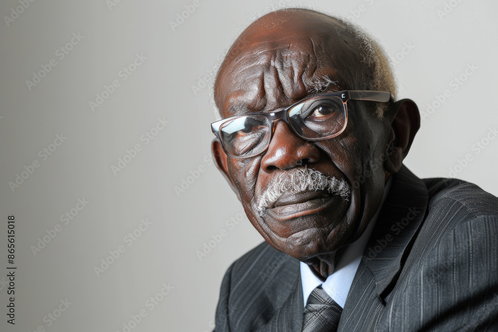 Close-up portrait of a senior man of African descent, studio photo, against a white studio backdrop Close-up portrait of a senior man of African descent, studio photo, against a white studio backdrop