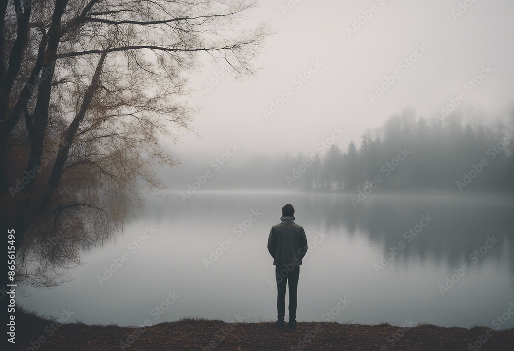 Young man stands alone by the lake Early cloudy foggy morning To be alone with yourself Young man stands alone by the lake Early cloudy foggy morning To be alone with yourself
