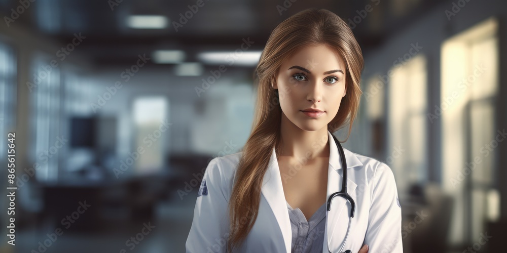 Obraz premium Female doctor in confident with stethoscope in hand on a hospital 