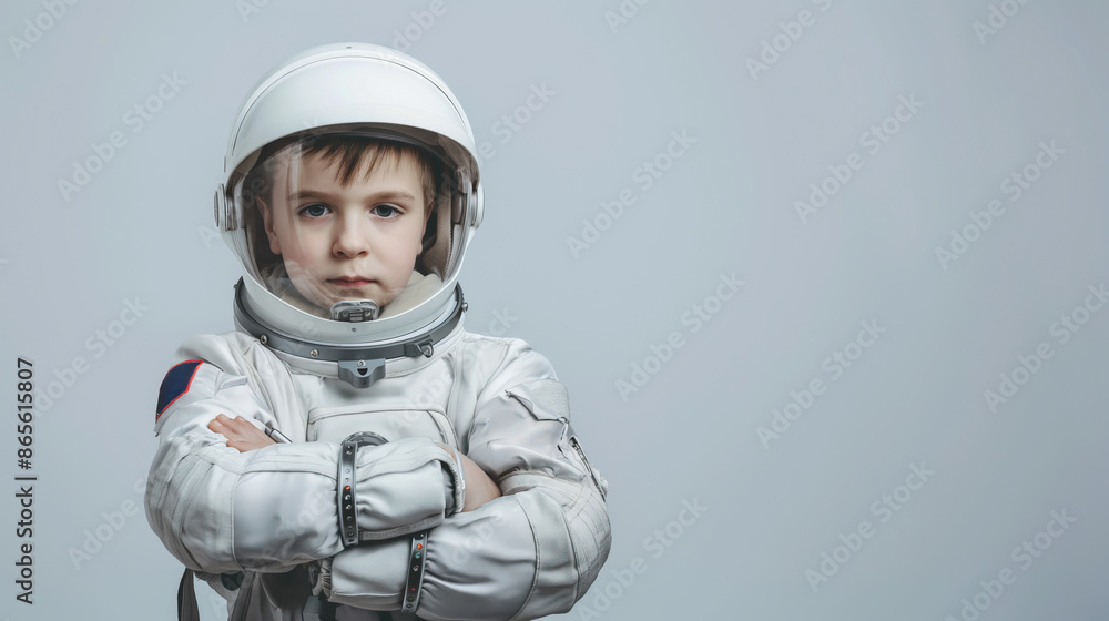 Portrait of a Little Boy in Astronaut Suit with Serious Expression on Grey Background with copy space for text Portrait of a Little Boy in Astronaut Suit with Serious Expression on Grey Background with copy space for text