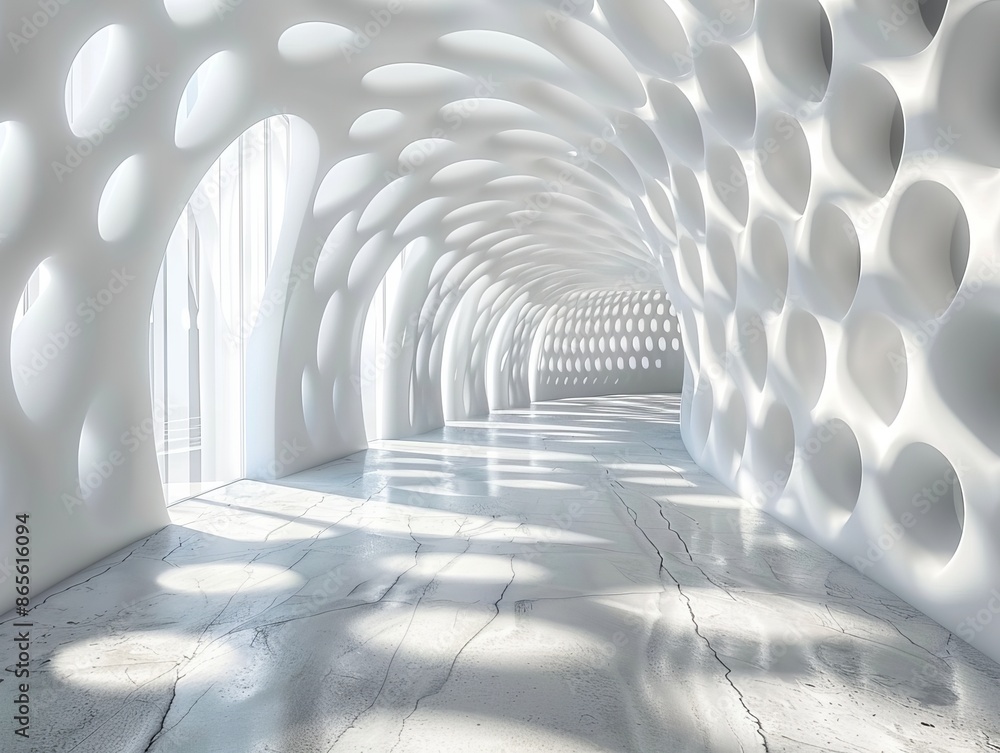 Obraz premium This wallpaper features a bright, futuristic tunnel with a highly abstract and unique design, illuminated by natural light, perfect for an abstract background